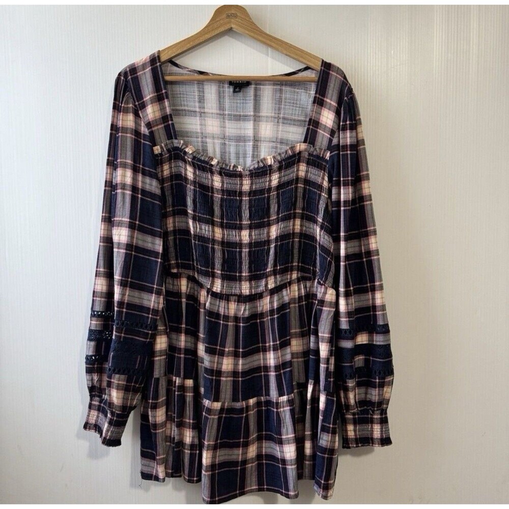 Torrid Top Womens 2X Blouse Shirred Shirt Plaid Ruffle Work Office Picnic Church